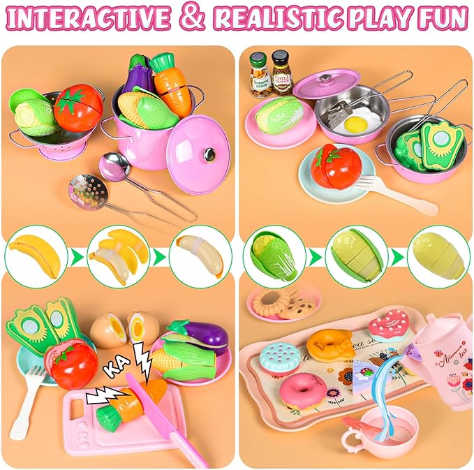 121Pcs Play Kitchen Accessories, Kids Kitchen Playset, Pretend Play Food Tea Party Set, Toy Kitchen Kids Cooking Real with Apron&Chef Hat, Utensils Cookware Pots&Pans, Toy Organizer, Toddler Toys Gift