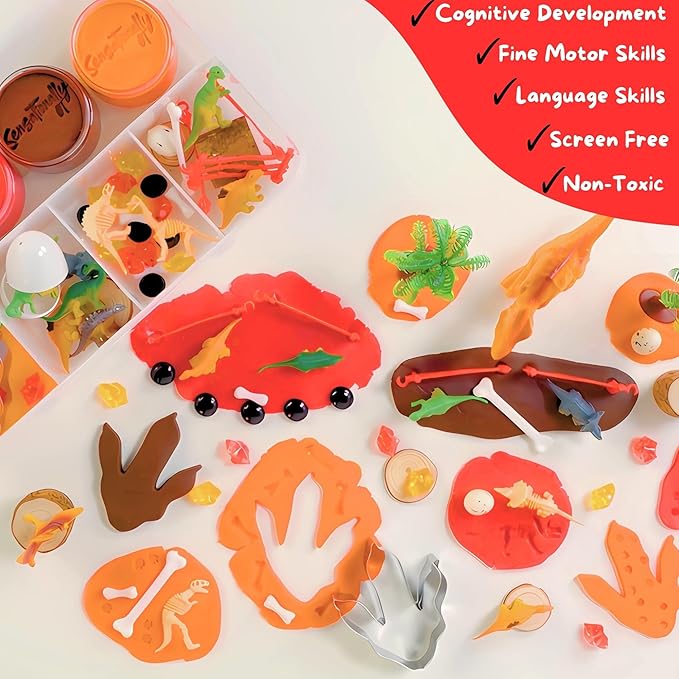 Dinosaur Sensory Dough Kit (3 Jars) Non-Toxic Dough with Dinosaur Cutters, Fossils, Mini Figures, Eggs, Palm Trees, Rocks & Wooden Stumps - Perfect Creative Play & Gifts for Kids
