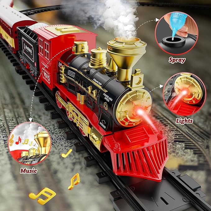 Hot Bee Christmas Train Set,Train Set for Toddlers 2-4,Christmas Train Sets for Around The Tree,Steam Locomotive with Lights,Sounds,and Spray,Easy Setup Train Toy,Perfect Train Set for Kids Ages 4-8