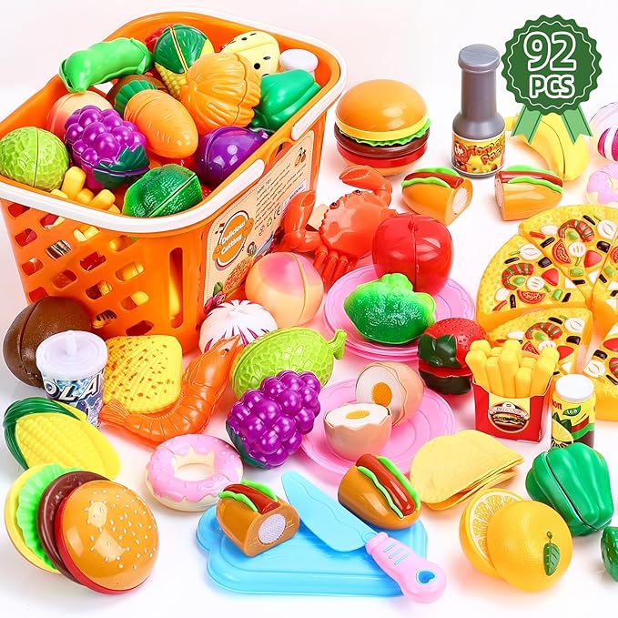AROIC 92PCS Play Food, Toddler Kitchen Accessories Food Toys with Cutting Fruits & Vegetables, Plastic Mini Dishes Shopping Basket and Knife, Pretend Play Gift Kitchen Playset Velcro Cutting Toys
