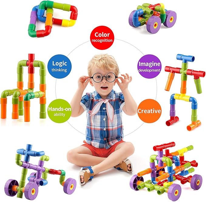 Joqutoys STEM Building Blocks Toy, 72 Pieces Creative Pipe Tube Sensory Toys, Construction Set Build Bicycle, Tank, Scootie, Motor Skills Endless Design Educational Learning Toys for Kids Aged 3+