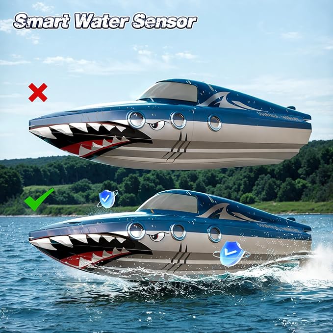 Shark RC Racing Boat for Kids & Adults,2.4GHz High Speed Remote Control Boat W/ Dual Battery 50 Min Runtime,Waterproof,Fast Remote Control Toy Gift Kids 8-12, Ideal for Pools & Lakes,Shining Blue