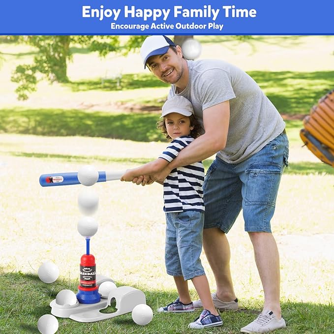 T Ball Set, Tee Ball Set for Kids 3-5 with 6 Large Baseballs & Automatic Pitching Machine & Adjustable Batting Bat, Outdoor Games Sports Toy Gift for Toddlers Boys Girls Ages 5-8 8-12
