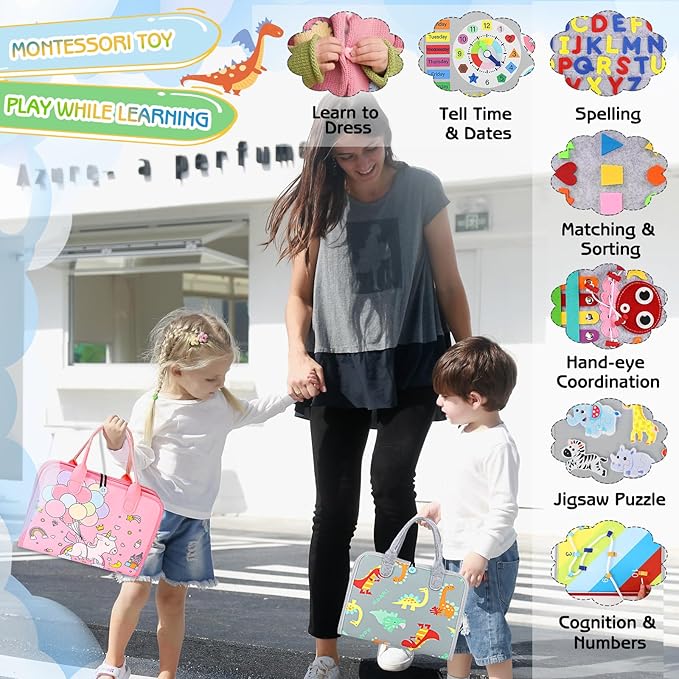 Esjay Toddler Busy Board Montessori Toys, Sensory Board Educational Activities for Learning Fine Motor Skills, Gifts for Girls Boys Toddlers, Travel Toys for Airplane Car,Grey Dinosaur