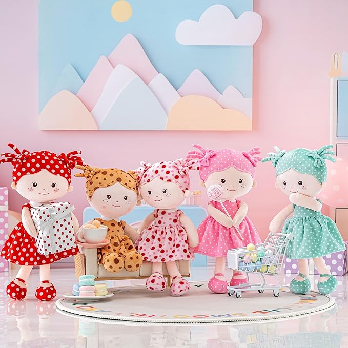 Onetoo First Baby Doll Soft Baby Doll for Girls Plush Rag Doll Sleeping Cuddle Buddy Doll Wear Pink Dress Red Polka Dot 14"