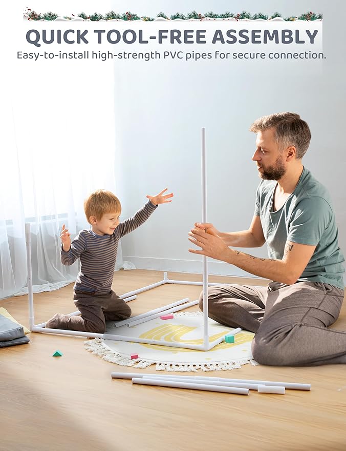 Besrey 2-in-1 Kids Playhouse with Padded Mat and Lights, Large Play Tent with 2 Doors & 4 Windows, Indoor & Outdoor, Toddler Tent, 51" x 35" x 51" (Gray)