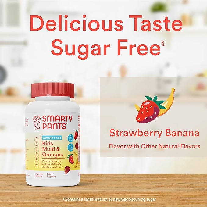 SmartyPants Kids Multivitamin Gummies, Sugar Free: Omega 3 (ALA), Vitamin D3, C, Vitamin B12, B6, A, K & Zinc for Immune Support, Biotin, Erythritol Free, Strawberry Banana, 44 Count (22 Day Supply)