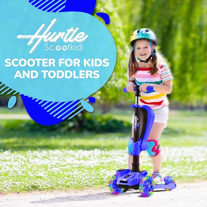 Hurtle 3-Wheeled Scooter for Kids - Wheel LED Lights, Adjustable Lean-to-Steer Handlebar, and Foldable Seat - Sit or Stand Ride with Brake for Boys and Girls Ages 1-14 Years Old