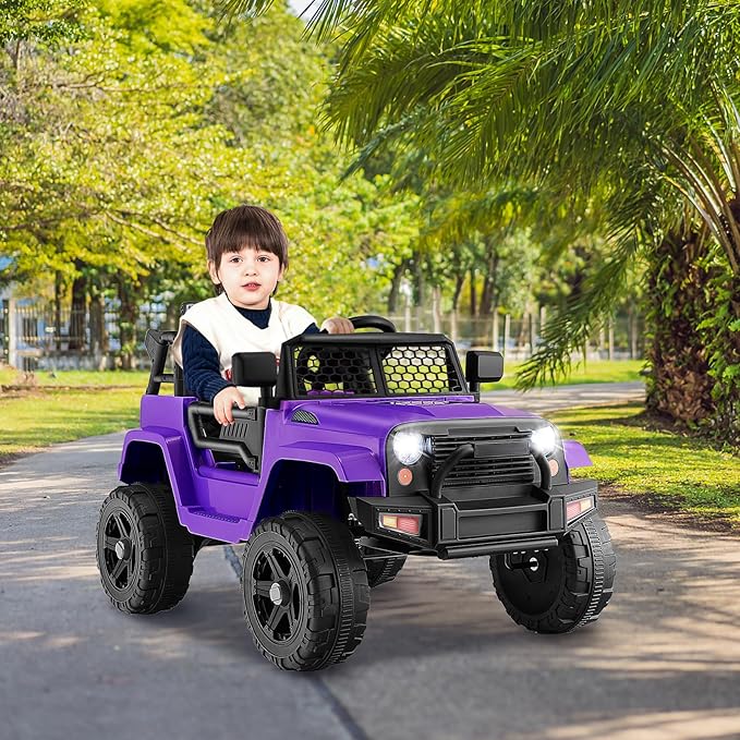 Costzon Ride on Car, 12V Battery Powered Truck Vehicle with Remote Control, Spring Suspension, Headlights, Music, Horn, MP3, USB & Aux Port, Gift for Boys Girls, Electric Car for Kids (Purple)