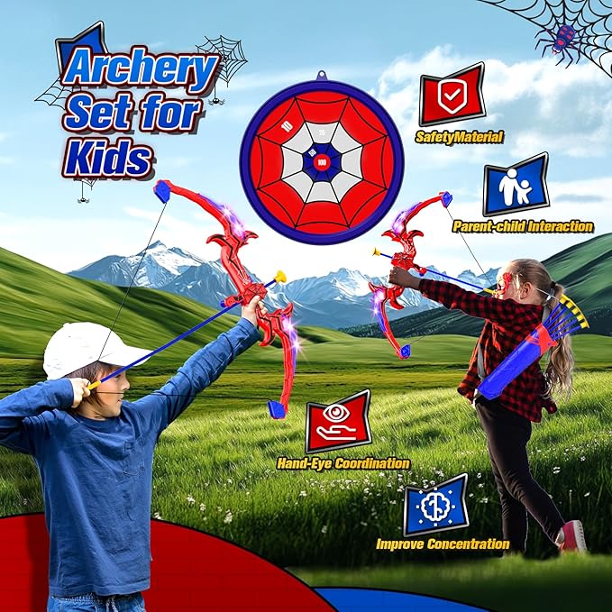 Outdoor Toys for Ages 3-5 Boys, Spider Bow and Arrow for Kids 3-7 Archery Set with LED Lights Target Toys for Boys 3 4 5 6 Bow Arrow Shooting Outdoor Games for Kids Ages 5-8 Girls Gifts