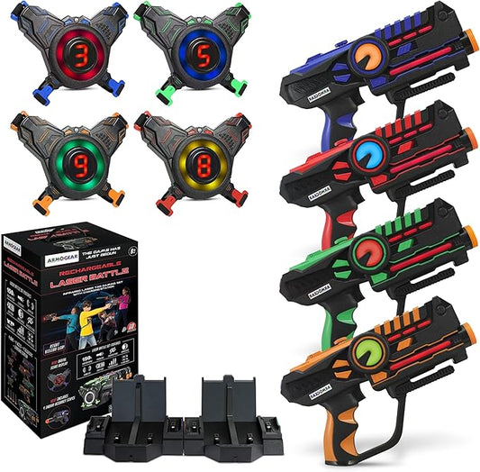 ArmoGear Laser Tag Guns with Vests Set of 4 - Adult Laser Tag Guns, Multiplayer Lazer Tags Set for Kids, Teens, and Adults - Indoor and Outdoor Game for Family Fun - Gift for Boys and Girls, Ages 8+