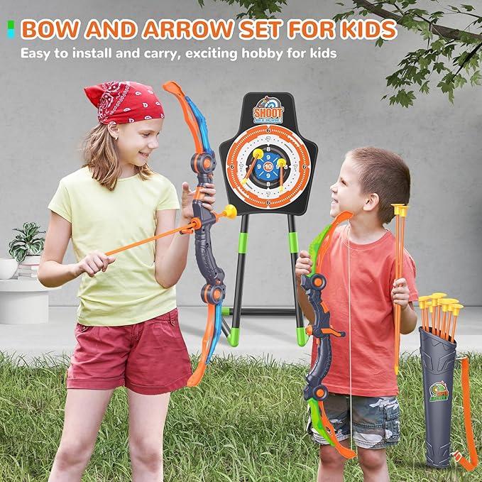 Bow and Arrow for 5 6 7 8 9 10 11+ Year Old Boys, Birthday Gift for Kids, Indoor Outdoor Activity Toys, 2 Pack LED Light Up Archery Toy with 20 Suction Cup Arrows, Standing Target, 2 Quiver