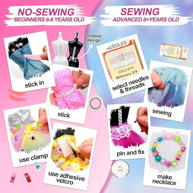 Axirata 1000+PCS Fashion Designer Kit for Girls Creativity DIY Arts & Crafts Kit for Kids with Fashion Design Sketchbook, 4 Mannequins, Sewing Kit for Teen Girls Birthday Gift Age 6 7 8 9 10 11 12+