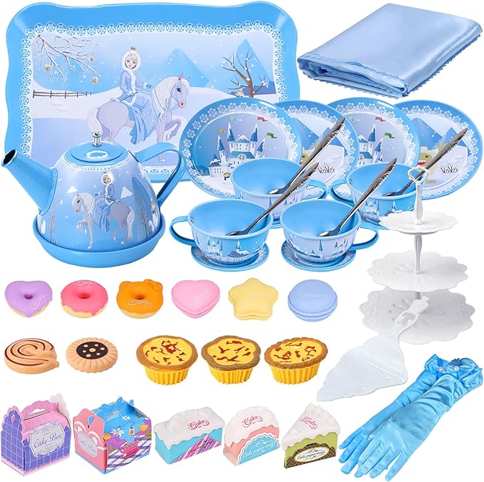PRE-WORLD Tea Party Set for Little Girls, 46Pcs Princess Tea Time Toy Including Dessert,Cookies,Doughnut,Teapot Tray Cake,Tablecloth,Gloves & Carrying Case,Kitchen Pretend Play for Girls Boys Age 3-6