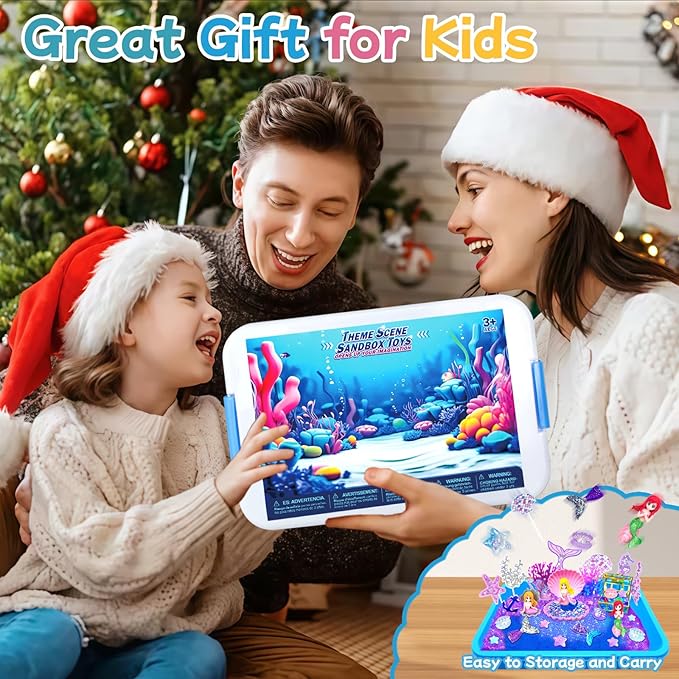Mermaid Sensory Bin, Play Sand Art Kit with Sandbox & Accessories & Tools & Colorful Sea Shell Conch Starfish Gems Toys Set, Indoor Outdoor Pretend Play Beach Toy Birthday for Girls Boys 3 4 5 6 7 8