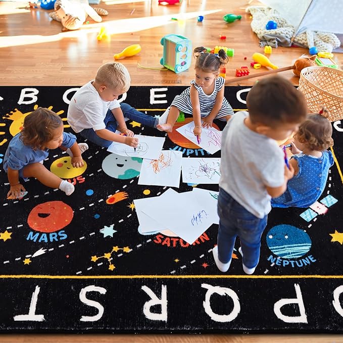 Outer Space Kids Rug,110.2"X78.7" ABC Alphabet Educational Kids Rugs for Playroom,Non Slip Solar System Galaxy Planets Playroom Rug,Washable Kids Area Rug Carpet for Classroom Bedroom Kids Room Decor