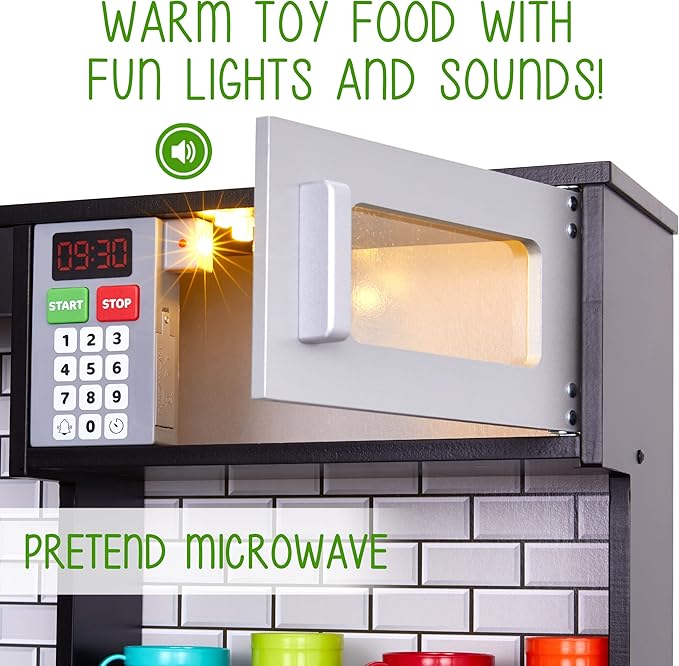 Lil' Jumbl Kids Kitchen Set, Pretend Wooden Play Kitchen, Battery Operated Icemaker, Burners, Faucet & Microwave Makes Realistic Sound & Light, Pots & Pan Included - Charcoal