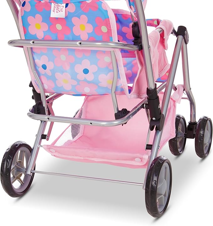 Baby Doll Double Stroller, Twin Buggy Carriage Pretend Play for Girls Kids Toddlers 27 Inches High Rotating Wheels Storage Basket Diaper Bag Blue