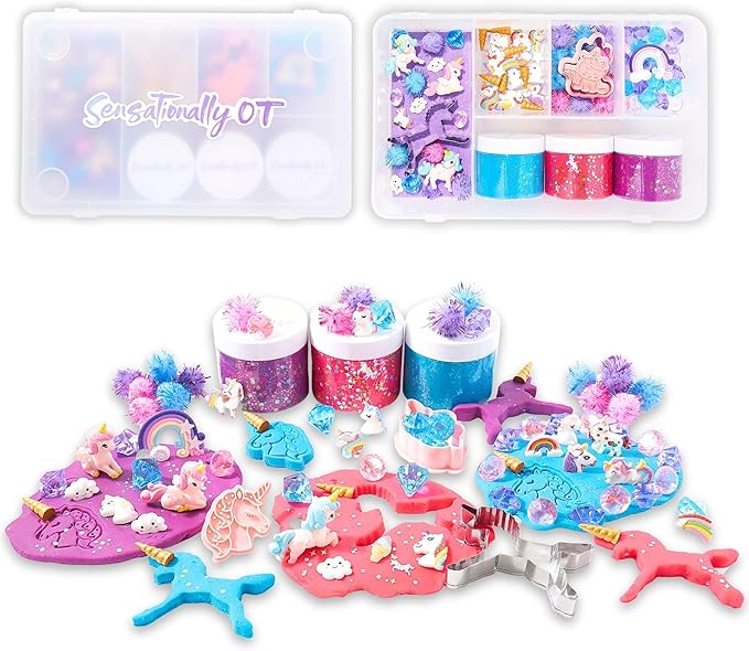 Unicorn Sensory Dough Kit (3 Jars) Non-Toxic Dough with Unicorn Cutters, Charms, Rainbow, Pom Poms, Diamonds, Gems, and Stackable Storage - Perfect for Creative Play and Gift for Kids