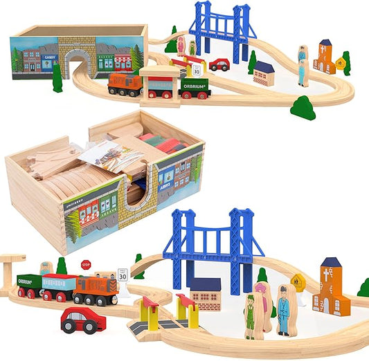 52 Pcs Deluxe Wooden Train Set with Wooden Storage Box Tunnel Compatible with Thomas, Brio, Melissa