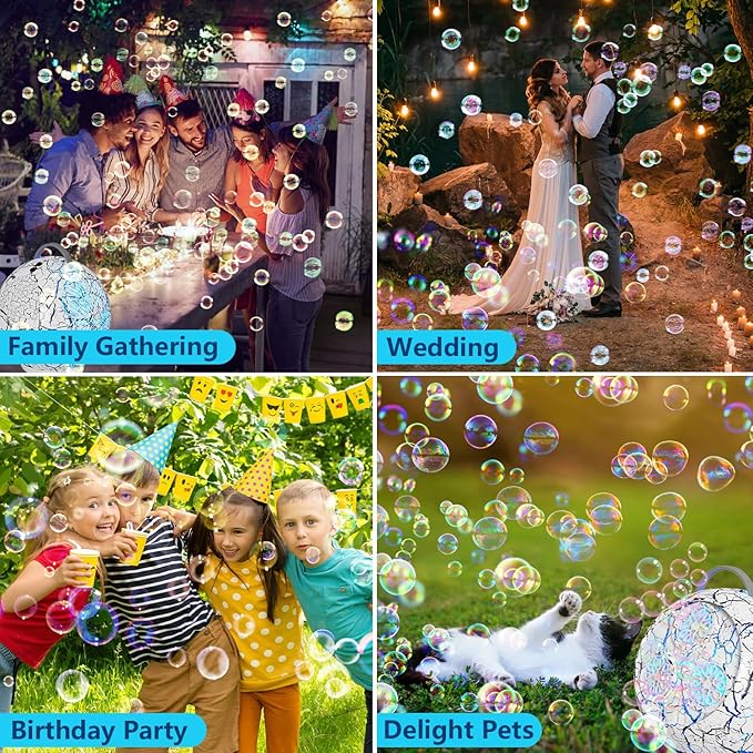 Bubble Machine for Kids Toddlers,45°/360° Automatic Rotation Spherical Bubble Maker Toy with RGB Light,Rechargeable Type-C Charge Bubble Blower,Outdoor Wedding Party Birthday Gifts (White Crack)