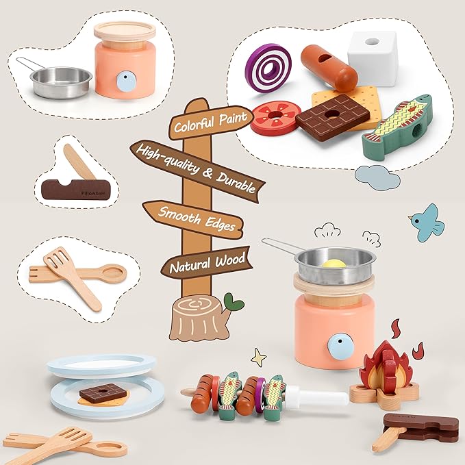 Wooden Camping Toys, Pretend Play Toys Campfire with Kids Grill Playset, 25pcs Kids Play Food Toy Set, Outdoor Play Toys for Toddler Boys and Girls Ages 3+