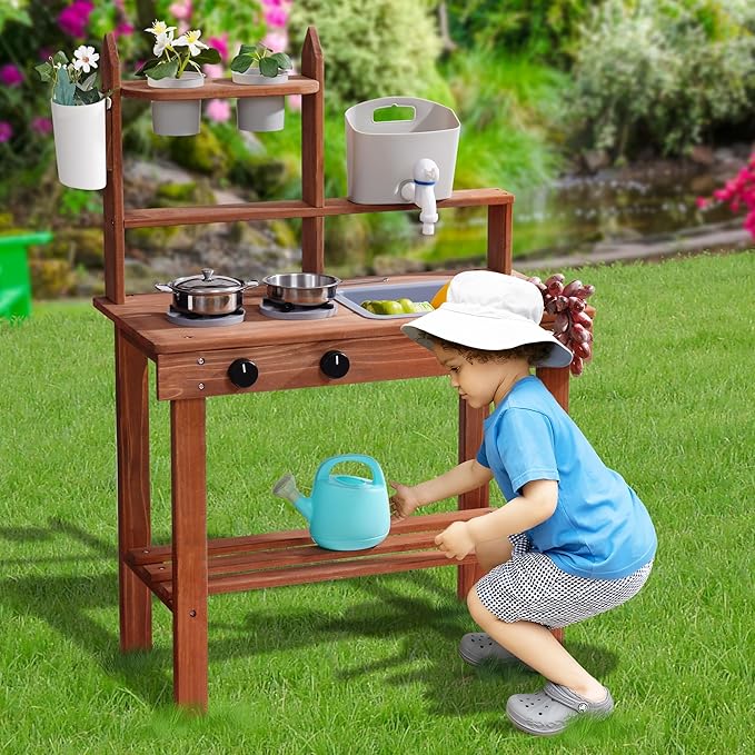 ROBUD Mud Kitchen for Kids Outdoor, Wooden Outdoor Play Kitchen, Kids Mud Kitchen with Removable Sink & Faucet, Monteeori Toys for Children Ages 3+ Years, WG404