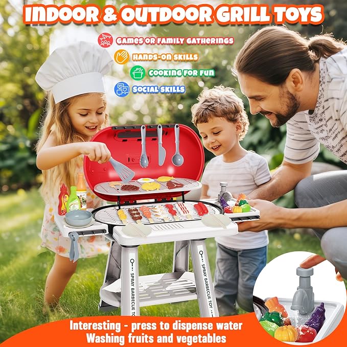 Kids BBQ Grill Playset,Indoor Kitchen Toy,Play Toy Grill Set with Fake Smoke Lights Sounds,Kids Grill Playset Kitchen Toys Set with Sink,2-Layer Barbecue Outdoor Play Grill Toy for Toddler Boys Girls