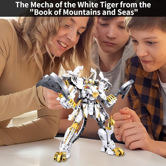 White Tiger Samurai mech Robot Model with Double Axe Head Building Blocks Toy Set Mythical Birthday for Age 8+ Children Adults Teens 679 Pieces