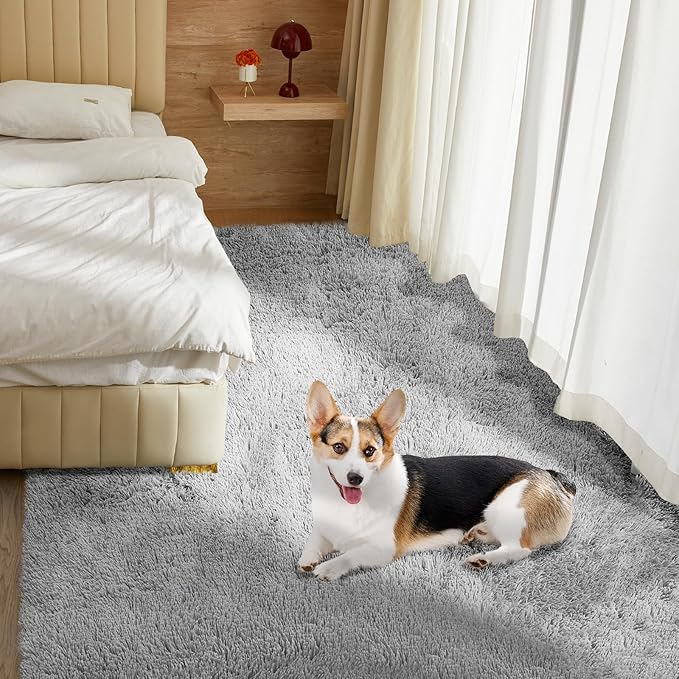 Ultra Soft Rug for Living Room, 8X10 Light Grey Fluffy Shag Area Rug for Bedroom, Modern Shaggy Carpets Fuzzy Rug for Teens Dorm Nursery Home Decor Aesthetic, Upgrade Anti-Skid Durable