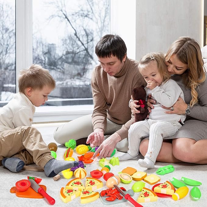 67Pc Pretend Play Food Sets for Kids Kitchen, Pizza Toy Food & Cutting Fake Food - Fruits & Vegetables, Play Kitchen Toys Accessories, Pretend Food Toys for Toddlers Boys Girls Birthday Gift