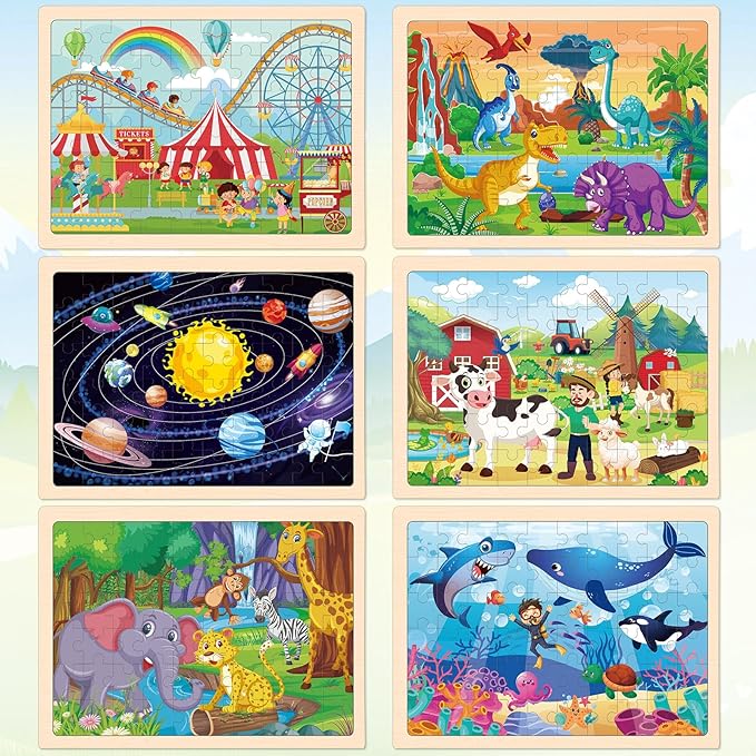6 Packs Wooden Puzzles for Kids Ages 4-6, 60 Piece Wood Dinosaur Animals Jigsaw Puzzles for Toddlers Ages 3-5, Preschool Educational Learning Toys Gifts for 2 3 4 5 6 7 8 Boys Girls