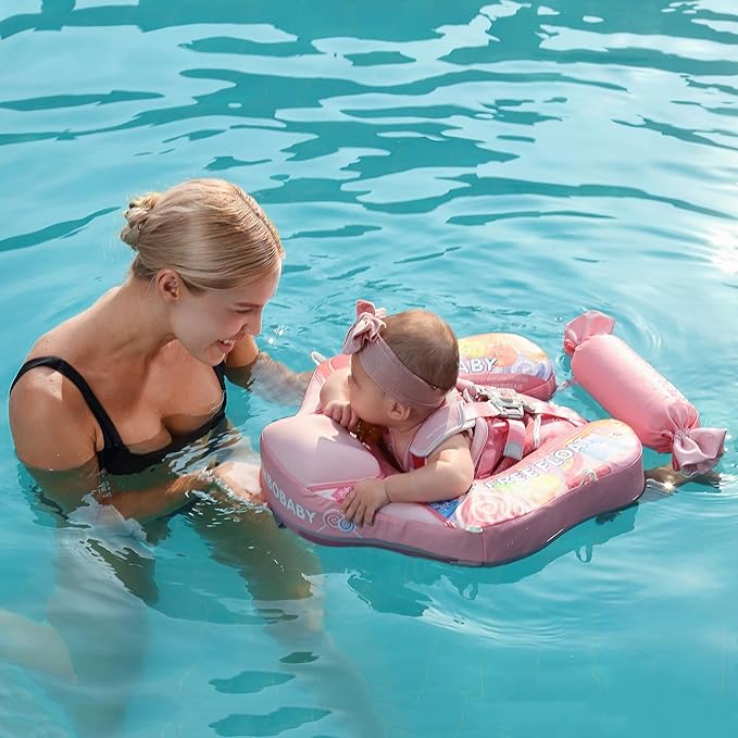 Mambobaby Float Add Tail Baby Swim Float with Canopy Solid Pool Infant Swim Trainer Swimming Training Lying Air Free Water Floats Non-Inflatable Waist Swim Ring for Toddlers (Candy)