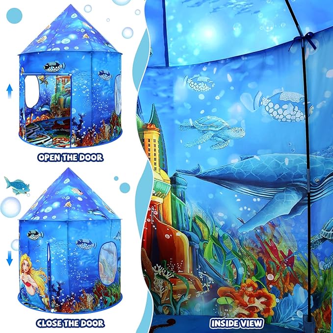Ocean Kids Play Tent Princess Toys Under Water Kids Tent Mermaid Playhouse Indoor for Girls Toddler Tents Inside Sensory Play House Ages 3-5,4-7 as Birthday Gift