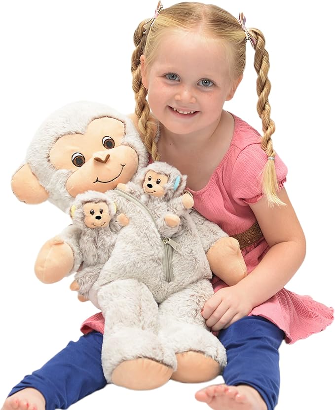 DreamsBe Monkey Stuffed Animal with 3 Baby Monkeys for Boys & Girls - Plush Stuffie with Zippered Pocket for Babies - Monkey Gift for Kids Ages 3 4 5 6 7 8 9 Years