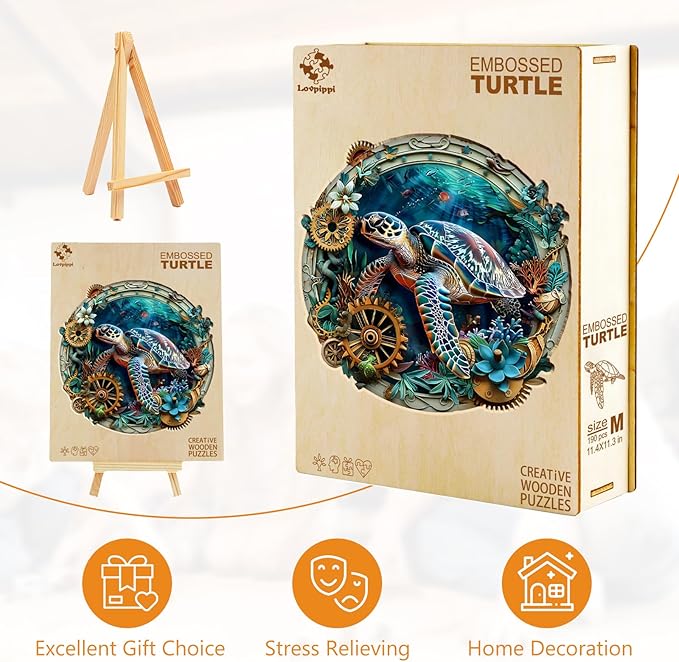 Wooden Puzzles for Adults, Wooden Jigsaw Puzzles for Adults Kids, Turtle Puzzle-Embossed Turtle Unique Shaped Wood Puzzles Adult, Creative Birthday Gifts for Friends Family Game (8.5 * 8.4in 100pcs)