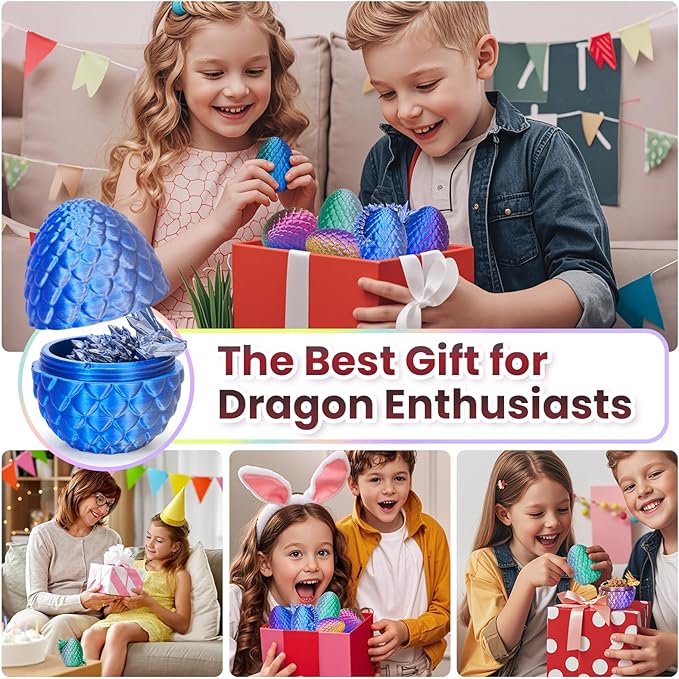TBOLINE 4PCS 3D Printed Dragon Egg, Mystery Easter Egg Articulated Crystal Animals Fidget Toy for Boy Kid, 3D Print Small Dinosaur Eggs Toy Mythical Pieces Dragon in Egg (4-Piece Set-D)