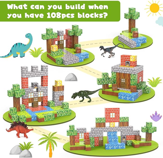 Magnetic Blocks 108PCS Building Set for Boys 6-8 With 6 Dinosaur Toys - Creative Games for Kids 6+ Years Old