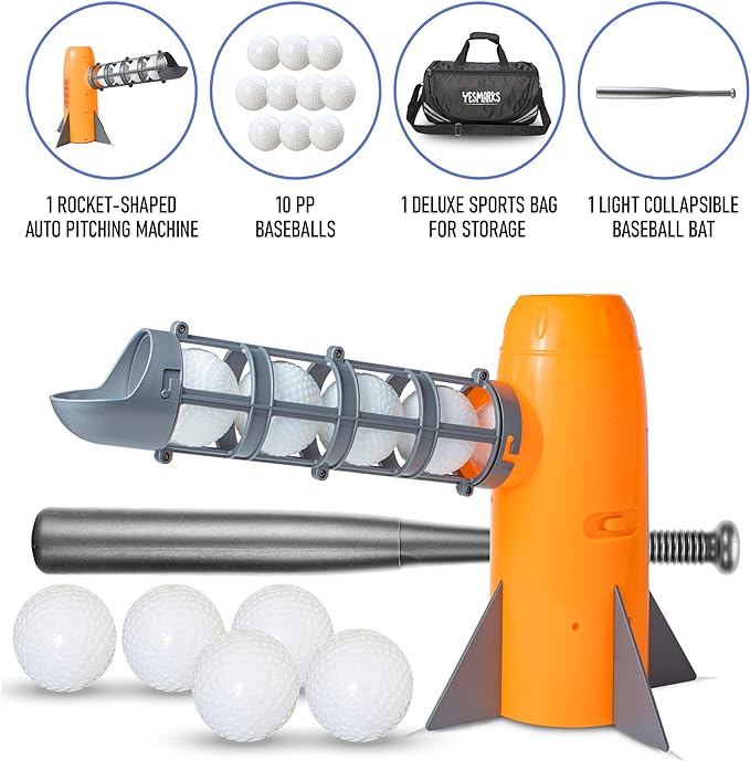 Kids Auto Baseball Pitching Machine Outdoor Toy Set - Training Equipment & Batting Practice Toys for Youth, Includes 10 Baseballs, Baseball Bat and Sports Bag
