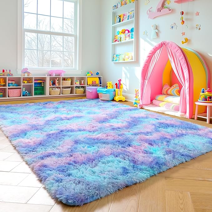 Amdrebio Blue Purple Rainbow Mermaid Rugs for Bedroom Girls Room Decor Aesthetic, 5x8 Fluffy Kawaii Area Rugs for Kids Room Nursery Dorm, Stitch Frozen Fuzzy Carpet, Cute Plush Furry Baby Toddler Rug