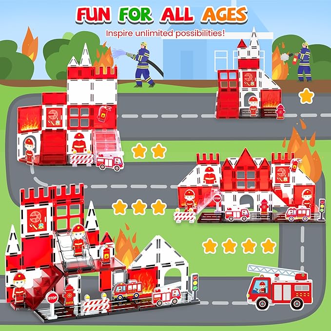 cossy Magnetic Tiles Firefighter Set, Magnetiles with Firefighter, Magnetic Tiles for Kids Ages 4-8, STEM Toys, Magnet Blocks for Boys and Girls, Creative Building Toys, Firefighter