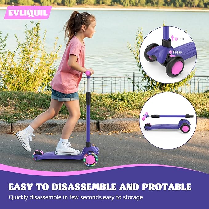 Kids Scooter,LED Lighted Wheels and 3 Adjustable Height Handlebars Scotters for Kids 3-12,3 Wheel Toddler Kick Scotter for Boys & Girls up to 132 Lbs.