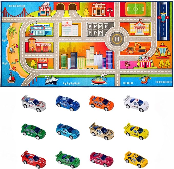 Booooom Jackson Kids Carpet Playmat with 12 Toy Cars for Age 3+ Colorful Non Slip City Rug for Kids Track Play Mat Playroom Bedroom Classroom Nursery