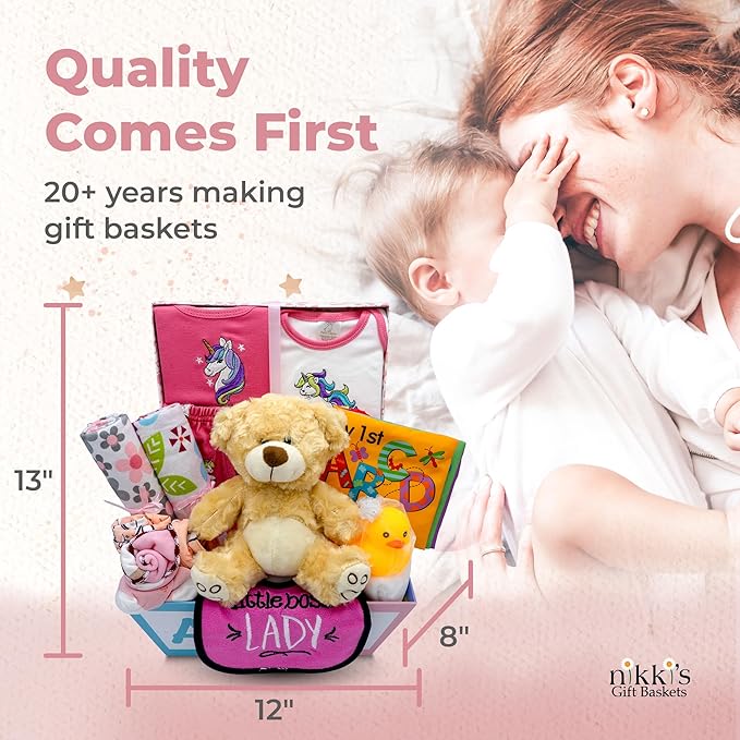 Deluxe 15-Piece New Baby Gift Basket | Newborn Baby Girl Gift Set for Expecting Moms & Parents | Baby Gift with Unicorn Clothing Set | Baby Gift Set with ABC Box | Nikki's Gift Baskets