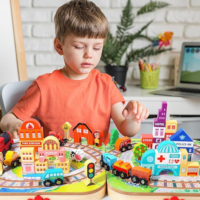 Wooden Take-Along Tabletop Railroad, Wooden Train Sets for Kids Ages 3+