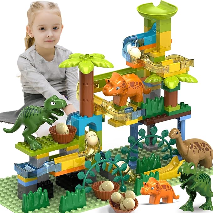 Dinosaur Marble Runs for Kids 4-8 Building Blocks/125Pcs Classic Big Blocks Compatible with LEGO DUPLOS for Age 2-5/Montessori Learning STEM Toys/Toddler Marble Maze Gift Toy for Kids Age 3,4,5,6,7,8+