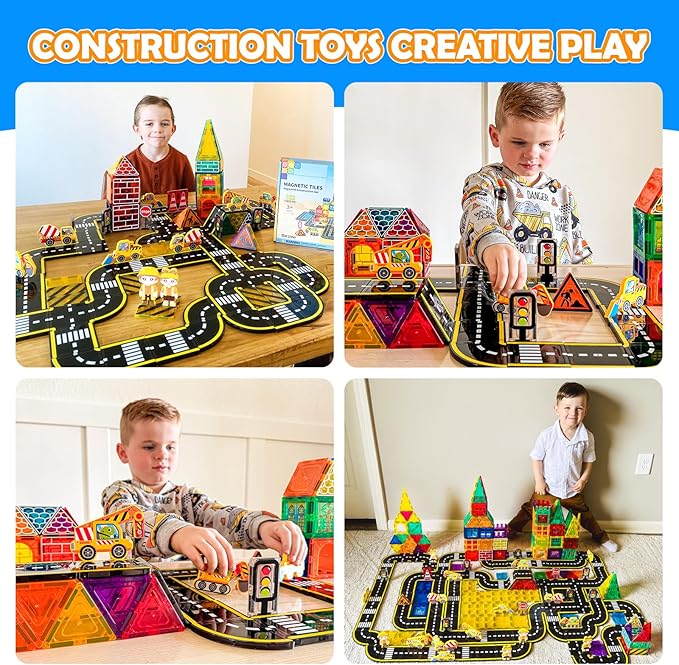 102 PCS Magnetic Tiles Construction Toys Magnet Building Toys for Boys and Girls Ages 3-5 5-7 8-10, STEM Sensory Toys Creative Play Includes Roads, Vehicles, Dolls, Traffic Signs and Construction Sign