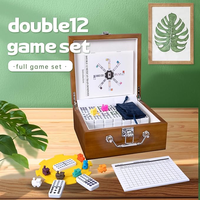 Mexican Dominoes Set in WoodenCase Double 12 Color Dotted Set with Acrylic Hub, 91 Color Dot Tiles, 9 Trains, Family Game for Adults (Color Dotted)