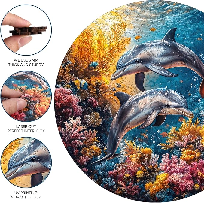 Wooden Puzzles for Adults, Dolphin Wooden Jigsaw Puzzles 500 Pieces, Royal, 16.5 in Unique Shape Ocean Puzzle, Irregular Puzzle Creative for Adults and Kids Family Games