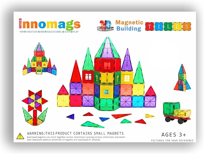 Magnet Tiles 110 Piece Magnetic Building Blocks Jumbo Tile Set, Clear 3D Magnetic Tiles Stem Educational Construction Playboards for Kids, Creative Clickins, Wheels, Bag, Safety Certified